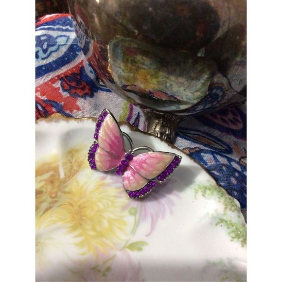Vintage Enamel Butterfly Brooch Pin With Rhinestones Pink & Purple - Picture 1 of 12